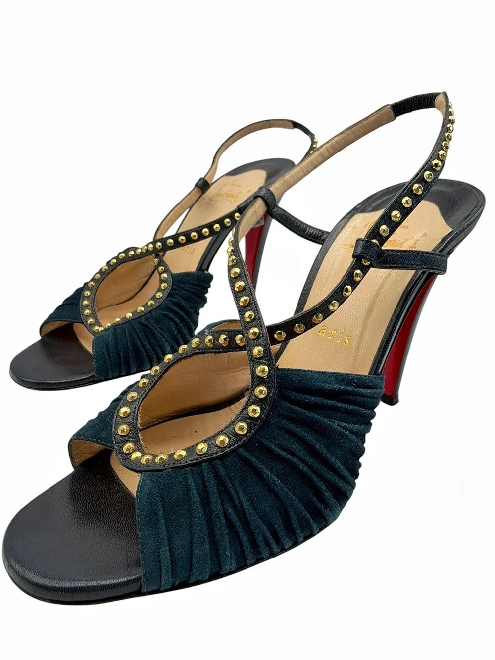 Christian Louboutin Ruched Suede Criss Cross Studded Sandals Heels Navy 38.5